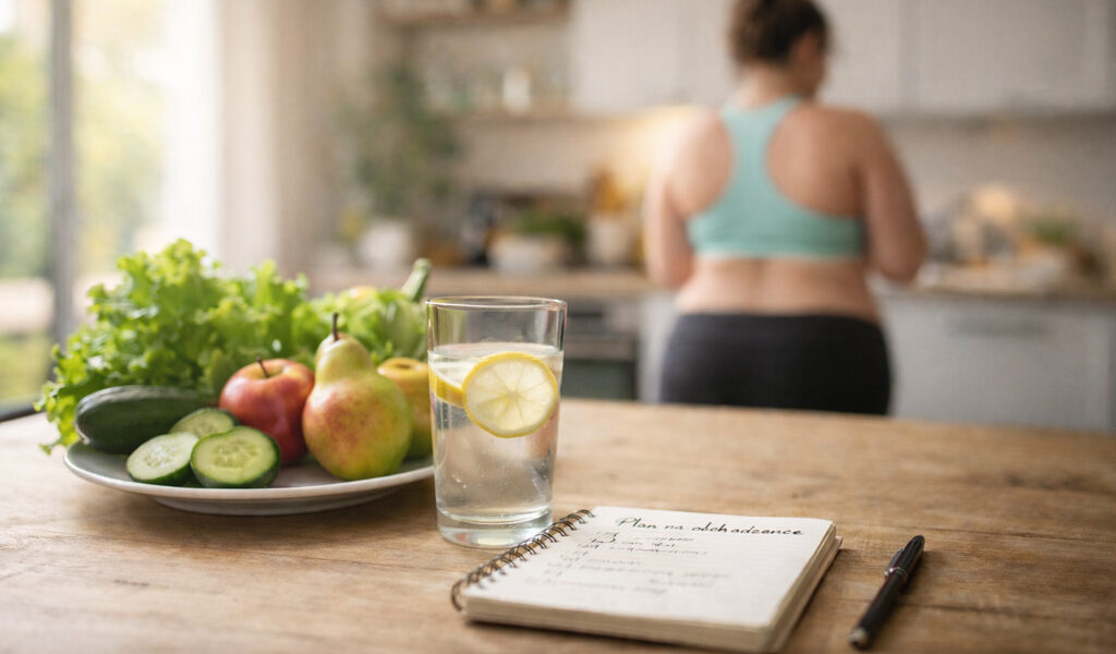 Kobieta w tle w stroju sportowym zastanawia się od czego zacząć odchudzanie przy otyłości. Na stole owoce, warzywa i notatnik na którym jest opisany jej plan odchudzania