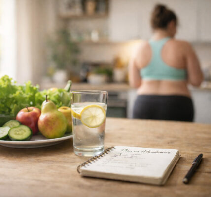 Kobieta w tle w stroju sportowym zastanawia się od czego zacząć odchudzanie przy otyłości. Na stole owoce, warzywa i notatnik na którym jest opisany jej plan odchudzania