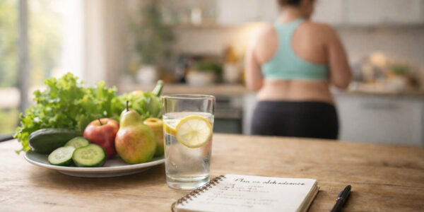 Kobieta w tle w stroju sportowym zastanawia się od czego zacząć odchudzanie przy otyłości. Na stole owoce, warzywa i notatnik na którym jest opisany jej plan odchudzania