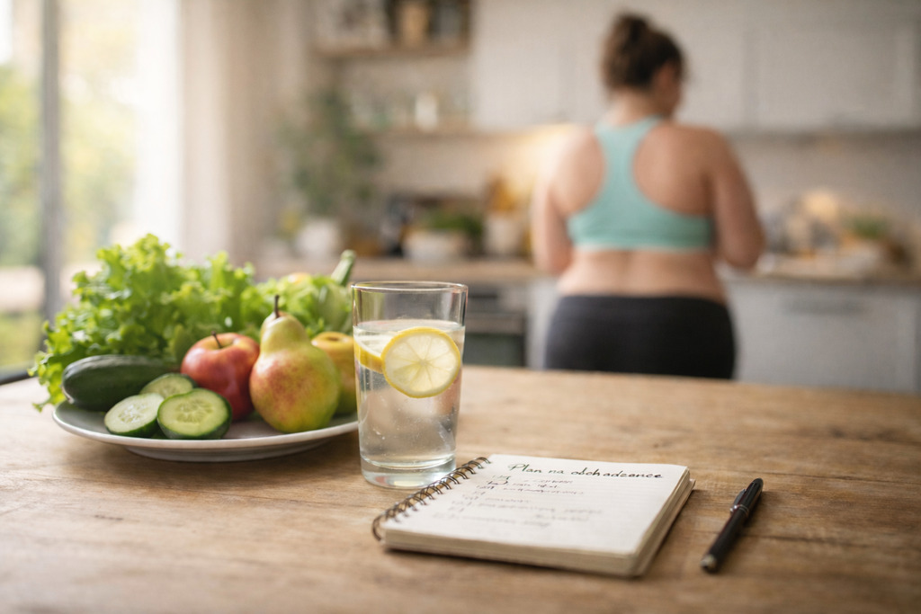 Kobieta w tle w stroju sportowym zastanawia się od czego zacząć odchudzanie przy otyłości. Na stole owoce, warzywa i notatnik na którym jest opisany jej plan odchudzania