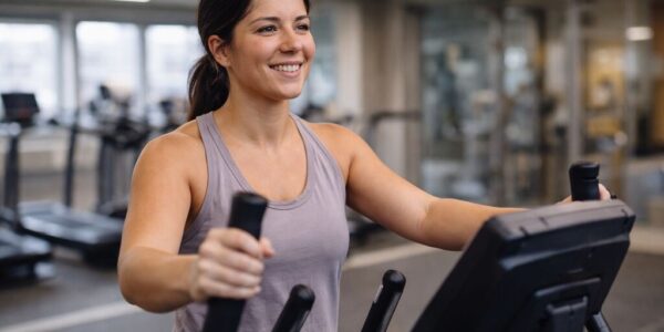 Kobeta trenuje na orbitreku do cwiczen na silowni