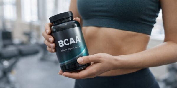 Kobieta w stroju sportowym ogląda odżywki dla sportowców - w dłoniach ma BCAA