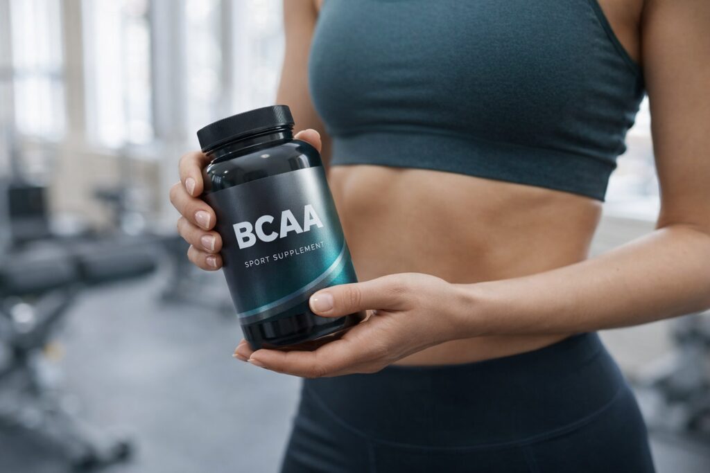 Kobieta w stroju sportowym ogląda odżywki dla sportowców - w dłoniach ma BCAA