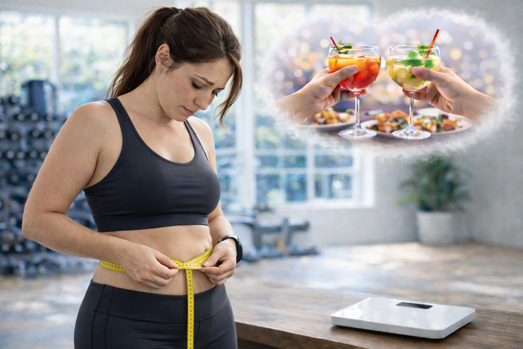 Kobieta sprawdza obwód w talii i zadaje sobie pytanie czy alkohol powoduje tycie? Chmurka myśli z kolorowymi drinkami