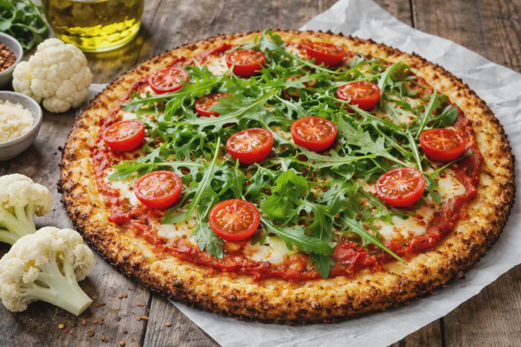 Fit pizza z kalafiora z rukolą i pomidorkami. Przepis w artykule.