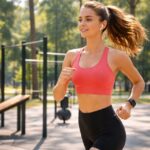 Biegaczka próbuje łączyć bieganie z siłownią plenerową w parku