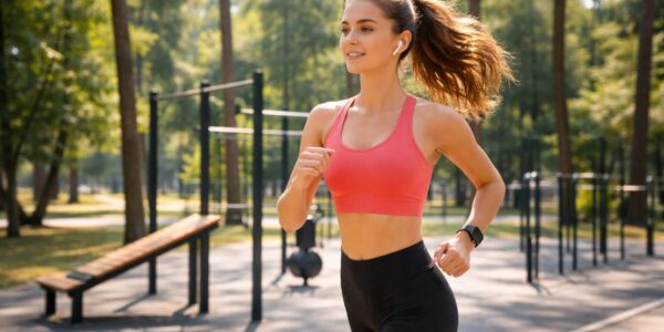 Biegaczka próbuje łączyć bieganie z siłownią plenerową w parku