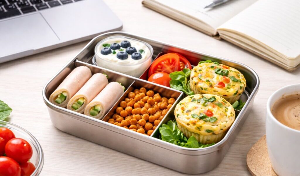 Przekąski proteinowe do pracy w lunchbox: muffiny jajeczne, ciecierzyca, skyr, roladki z indyka