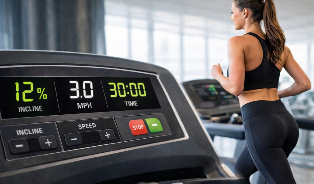 Trening 12-3-30 tj. kobieta biega na bieżni, nachylenie bieżni 12%, tempo 3 MPH, czas 30 min
