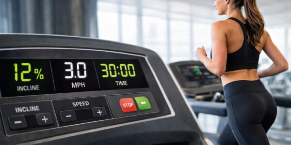 Trening 12-3-30 tj. kobieta biega na bieżni, nachylenie bieżni 12%, tempo 3 MPH, czas 30 min