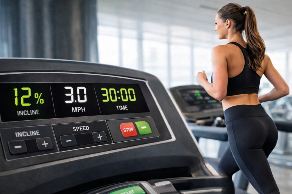 Trening 12-3-30 tj. kobieta biega na bieżni, nachylenie bieżni 12%, tempo 3 MPH, czas 30 min